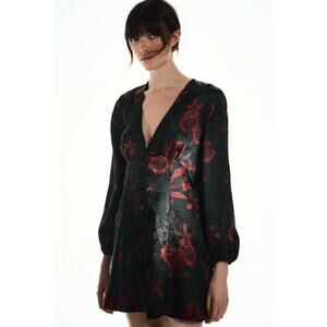 NEW Zara Black Red Floral Silk Satin Long Sleeve V-neck Mini Fit & Flare Dress L